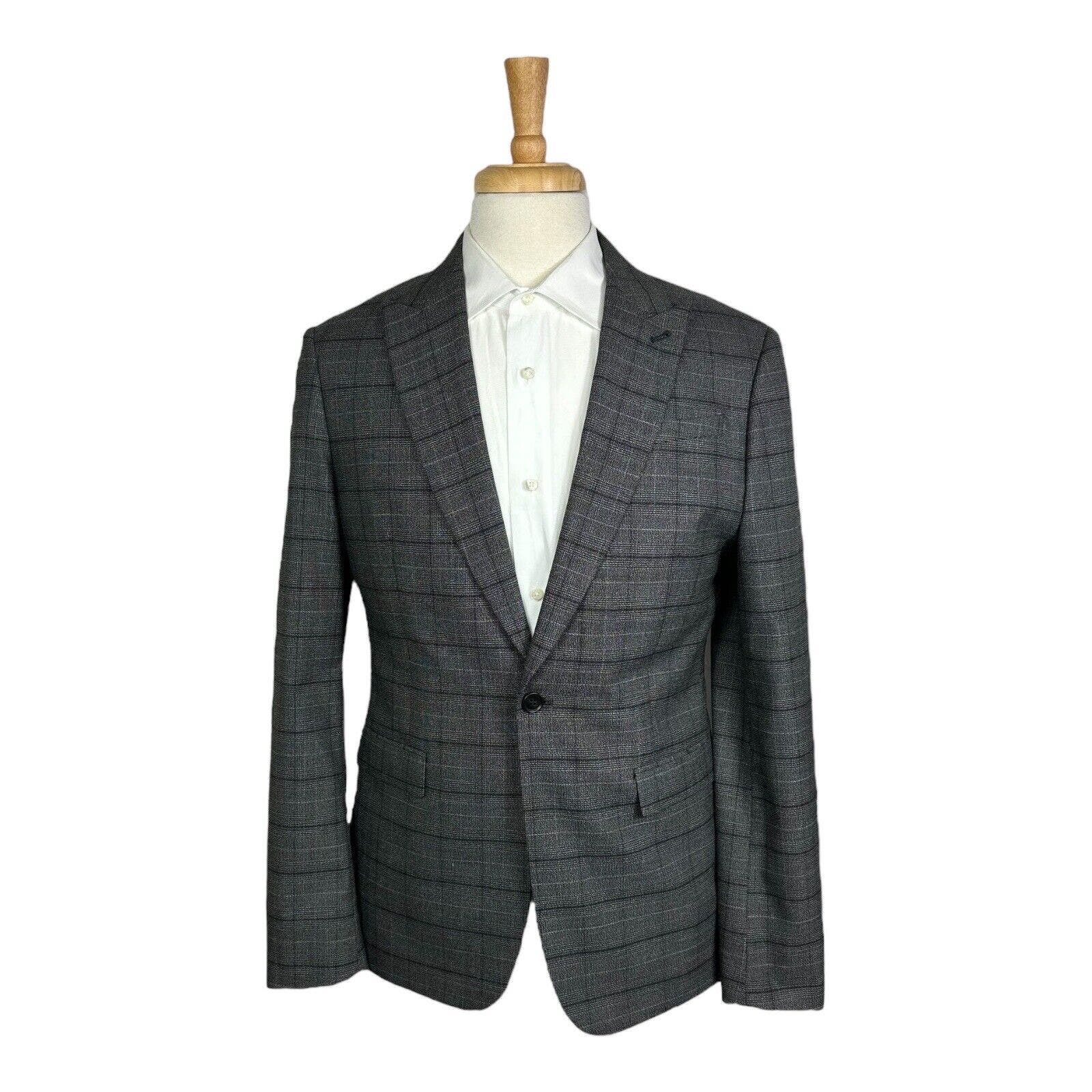 Allsaints Mens Thirty Eight Rathbone Blazer Gray Checked Top Notch Lapel